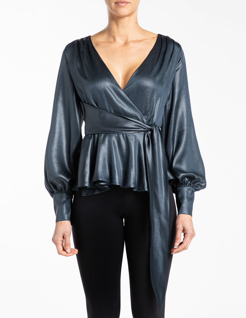 VEGA Faux Wrap Blouse with Waist Tie in Coated Silk