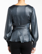 VEGA Faux Wrap Blouse with Waist Tie in Coated Silk