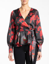 VEGA1 Faux Wrap Blouse with Lantern Sleeves and Waist Tie in Floral Print