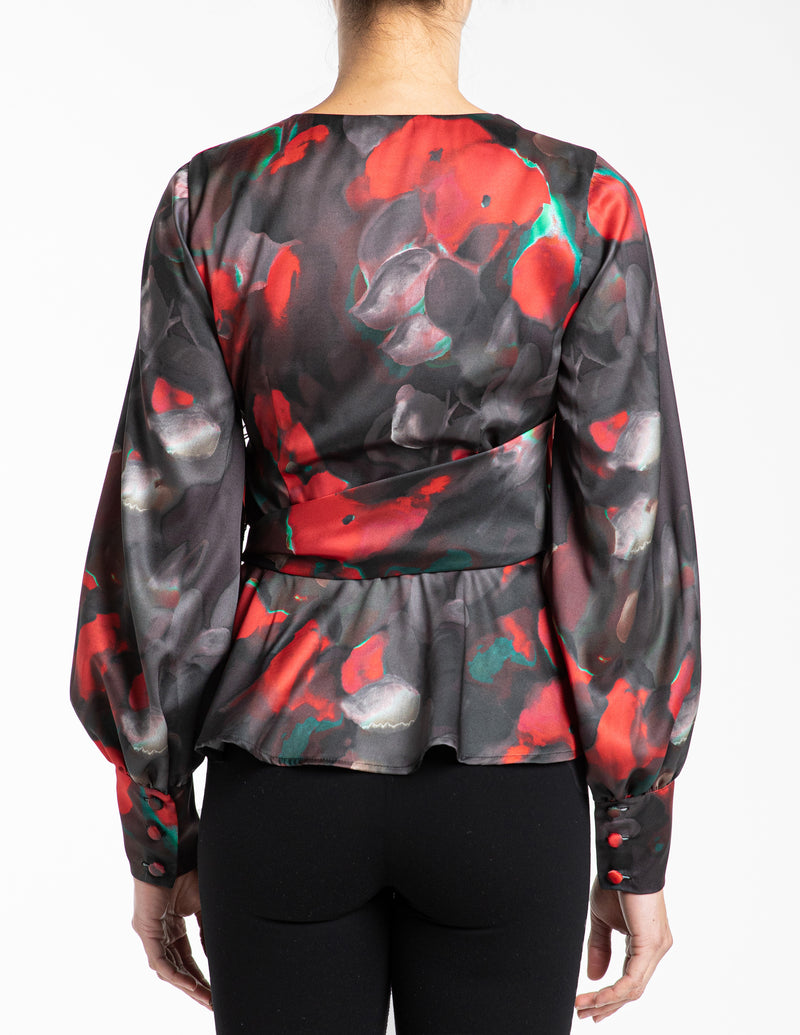 VEGA1 Faux Wrap Blouse with Lantern Sleeves and Waist Tie in Floral Print