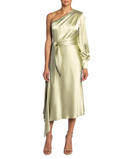 VARGA One Shoulder Faux Wrap Silk Dress with Asymmetrical Skirt Hemline